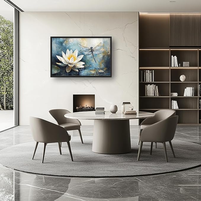 Extra Large Lotus Dragonfly Framed Wall Art for Living Room,Abstract Blue Lotus Flower Lake Pictures Wall Decor,Nature Canvas Print Painting Modern Artwork Bedroom Office Bathroom 36L x 24W