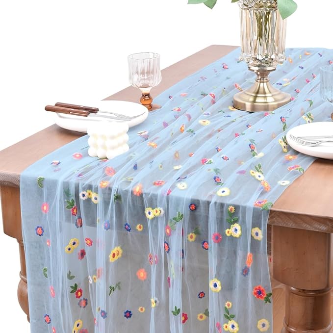 Joanlody 3pcs Blue Embroidery Daisy Christmas Table Runner Florals Seasonal Tulle Table Runner Holiday Kitchen Dining Table Decoration Wedding Party