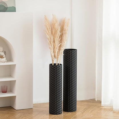 Sziqiqi Black Cylinder Tall Floor Vase: 27.6/21.7in Metal Extra Large Decorative Vase Set of 2 Living Room Modern Honeycomb Texture Big Standing Vase for Dining Bedroom Home Corner Indoor Office