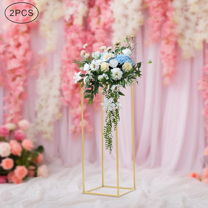 2PC 31.5" Flower Stand for Wedding Metal Cylinder Stands for Party Rectangular Gold Centerpieces Flower Vase Gold Pedestal Columns for Weddings Indoor Outdoor Flower Plant Stand Decoration