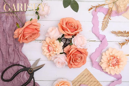 Artificial Flowers Combo, Mix Silk Flowers Roses, Peonies, Dahlias with Stems for DIY Wedding Bridal Bouquets, Baby Shower, Table Centerpieces, Home Decor, Fake Floral Arrangements-Champagne