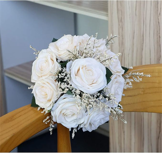 Wedding Bouquet Artificial Roses Flower Bride Bridal Bouquets Handmade Silk Creamy Flower Wedding Bridal Bouquets for Church Party Home Decoration (Cream)