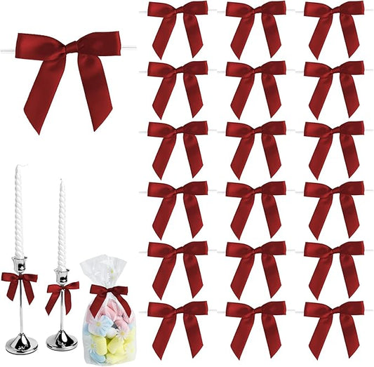 50 PCS Burgundy Twist Tie Bows 2.5" Satin Ribbon Bows Decor for Gift Wrapping Craft Treat Bags Cake Pop Basket, Wedding Baby Shower Birthday Party Favors