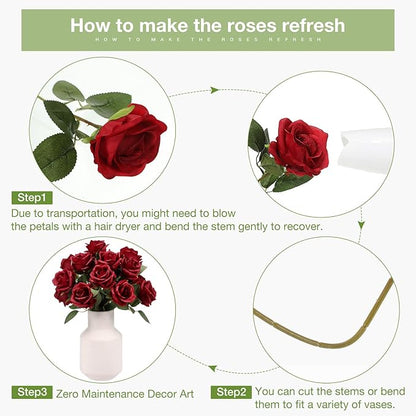 Jexine 60 PCS Artificial Roses Bulk Silk Flowers with Long Stems, Realistic Faux Rose Bouquet for Wedding Centerpieces, Valentine’s Party, Home Decor(Burgundy)