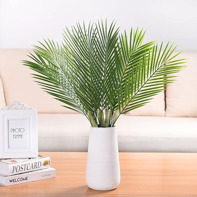 Artificial Palm Leaves Stem, Fake Tropical Palm Tree Leaf Plastic Greenery Plants Faux Areca Stems Jungle Boston Decoration for Indoor Outdoor Wedding Birthday Party Arrangement Table DIY Decor 12 Pcs