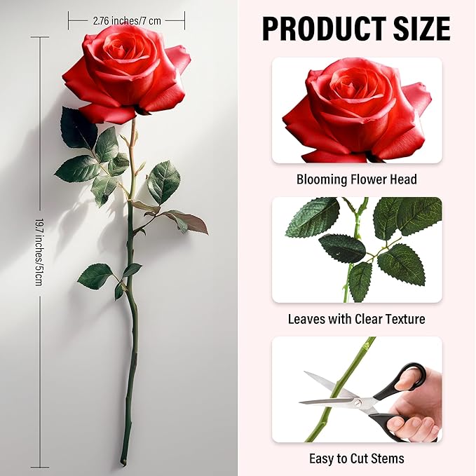 20PCS Artificial Roses with Long Stems - Realistic Silk Flowers, Fake Roses Real Touch Bouquet of Roses for Home Decor, Bridal Wedding Party Table Centerpieces, Bulk Faux Rose Flowers (White Red)