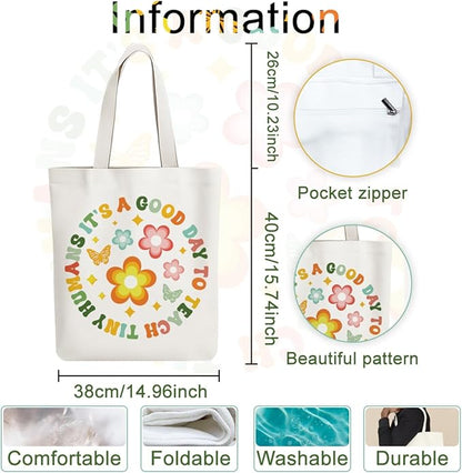 ANATTASOUL Canvas Tote Bag Boho Letter Reusable Cotton Bag for Women, Durable Cloth Shoulder Bags with Zipper Pockets for Shopping, Vacation, Work, Gym