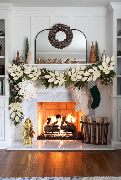 Briful Champagne Magnolia Leaves Branches, 6 Pack 28.7in Faux Magnolia Leaves Stems Artificial Christmas Greenery Branches for Xmas Home Vase Floral Arrangement