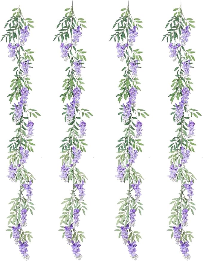 Duovlo 4Pcs 6.6Ft/Piece Imitation Silk Wisteria Garland Hanging Flower Vine for Home Outdoor Garden Ceremony Wedding Arch Floral Decor (Light Purple)