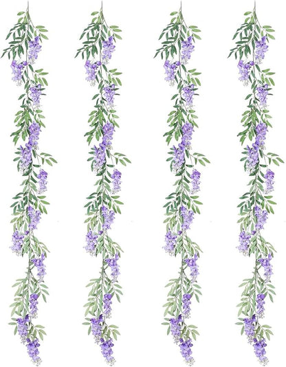 Duovlo 4Pcs 6.6Ft/Piece Imitation Silk Wisteria Garland Hanging Flower Vine for Home Outdoor Garden Ceremony Wedding Arch Floral Decor (Light Purple)