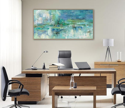 VEAEE Framed Abstract Wall Art - Teal Turquoise Green Colorful Modern Canvas Pictures, Living Room Wall Decor, Contemporary Landscape Painting Prints for Bedroom Bathroom Office Decor 24" x 48"