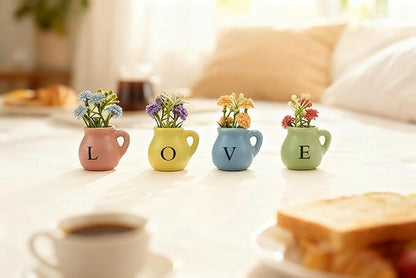 Vase Magnets for Refrigerator, Set of 4 Love Mini Ceramic Vases with Faux Flowers, Gift for Valentine's Day, Anniversary, Mother's Day, Housewarming for Her/Him/Mom