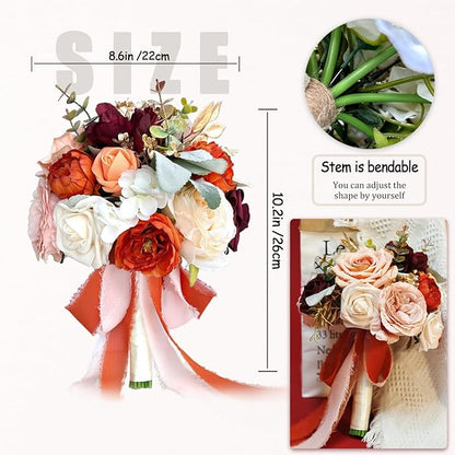 8.6 Inch Wedding Bouquets for Bride Bridesmaid, Burnt Orange Burgundy Rose Bridal Bouquet Terracotta Fall Wedding Artificial Silk Flower Boho Rustic Ceremony Anniversary Decor Toss Bouquet