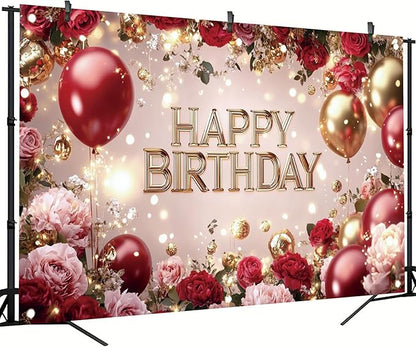 Red and Gold Happy Birthday Backdrop Banner Elegant Roses Balloons Photography Background Birthday Party Decorations Photo Booth Props Supplies 71x43 Inch