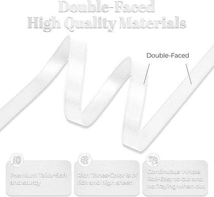 White Satin Ribbon, Double Faced 3/8 Inch X 25 Yards White Ribbon, Premium Satin Ribbon for Gift Wrapping, Crafts, Hair Bow Making, Sewing, Flower Bouquet, Wedding Party Decor