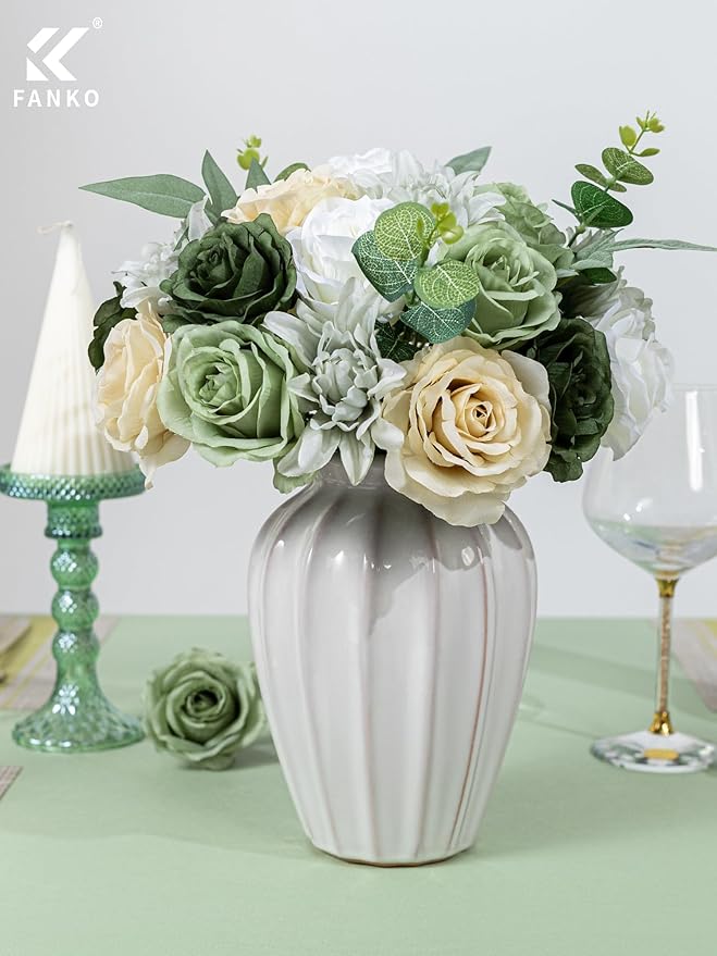 FANKO Artificial Flower Fake Rose Combo, 5 Mixed Silk Flowers Bouquet Dark & Light Green Rose Cream Roses, Light Gray Dahlia for DIY Wedding Bridal Bouquets/Centerpieces/Home Decorations