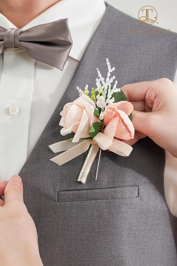 TINGE TIME Boutonniere for Men Wedding,Groom and Best Man Boutonniere for Wedding Ceremony Anniversary, Formal Dinner Party and Rustic Spring Wedding Marriage (6, Champange&Pink)