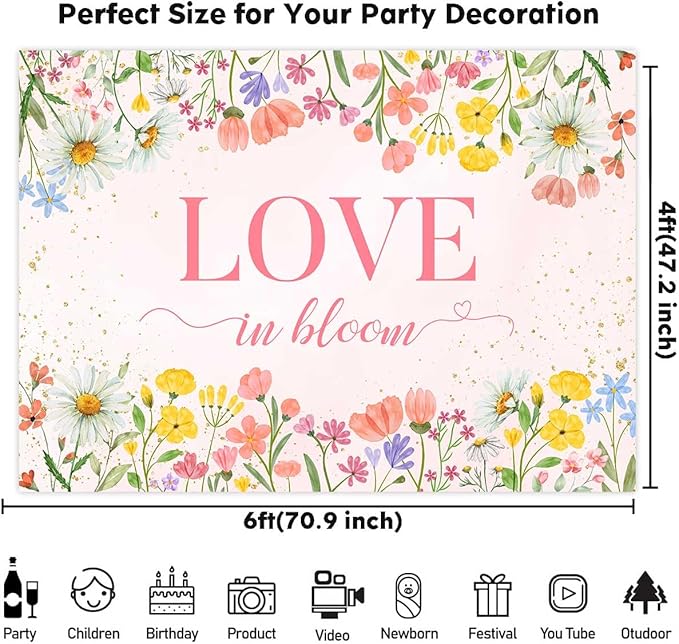 Sensfun Love in Bloom Bridal Shower Decorations Wildflower Wedding Shower Backdrop Pink Love in Bloom Engagement Party Background Spring Floral Wedding Bachelorette Party Decorations Supplies 6x4ft
