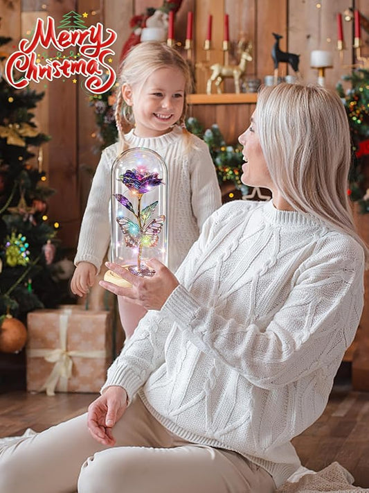 Beferr Christmas Birthday Gifts for Women, Mom Gifts for Christmas Galaxy Glass Rose Forever Preserved Flowers for Delivery Prime Rose in Glass Dome Xmas Gifts for Grandma Wife Sister Her, Purple