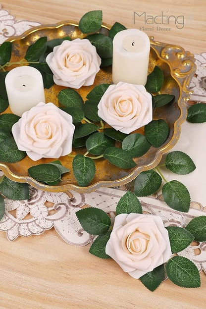 MACTING 60PCS Artificial Rose Flowers Real Touch Fake Flowers with Stem Foam Roses for DIY Weedding Bouquet Table Centerpieces Party Baby Shower Home Spring Mothers Day Decorations(Cream)
