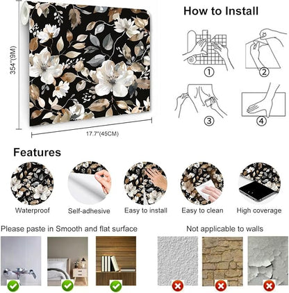 Vintage Dark Black Floral Peel and Stick Wallpaper Modern Botanical Flower Waterproof Removable Self Adhesive Vinyl Contact Wall Paper for Farmhouse Bathroom 17.7" X 354" Roll