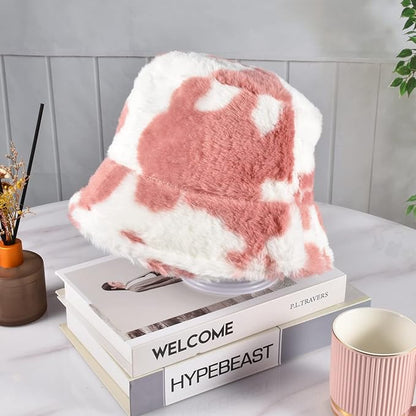 Winter Soft Faux Fur Plush Bucket Hat, Lovely Fisherman Cap, Fashion Outdoor Thick Warm Sun Cap for Women