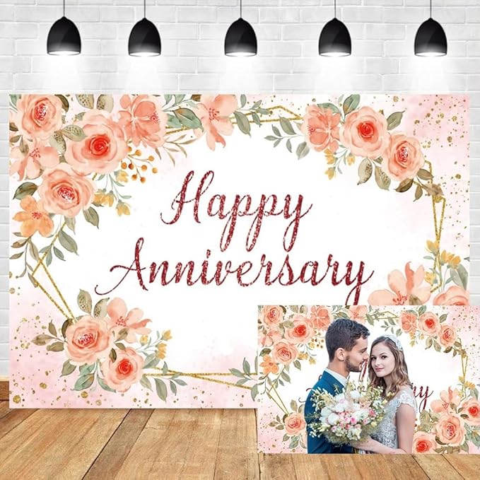 Leyiyi 12x10ft Happy Anniversary Backdrop Watercolor Pink Floral Rose Green Leaves Gold Dots Glitter Photography Background Cheers to Wedding Anniversary Bridal Shower Party Decorations Photo Props