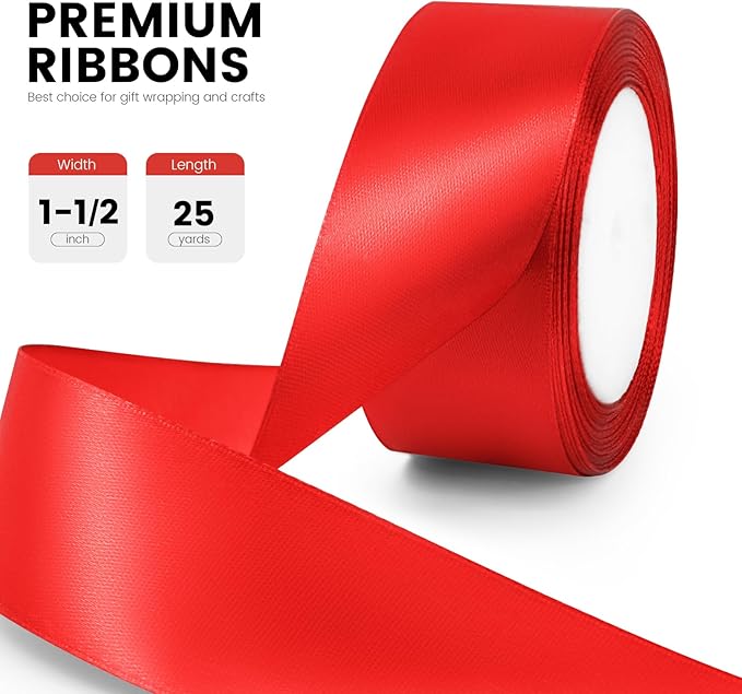 1-1/2" x 25 Yards Satin Ribbon, Red Silk Ribbon Ideal for Gift Wrapping, Floral Bouquets, Crafts, Wedding Party Decorations, Christmas and Sewing Projects