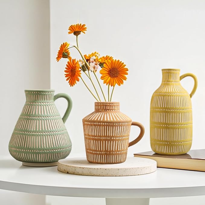 Boho Ceramic Vase Set of 3 for Living Room Bedroom Modern Yellow Brown Green Fake Flower Plant Vases for Home Decor Office Centerpieces Antique Retro Rustic Farmhouse Vintage Classic Gift