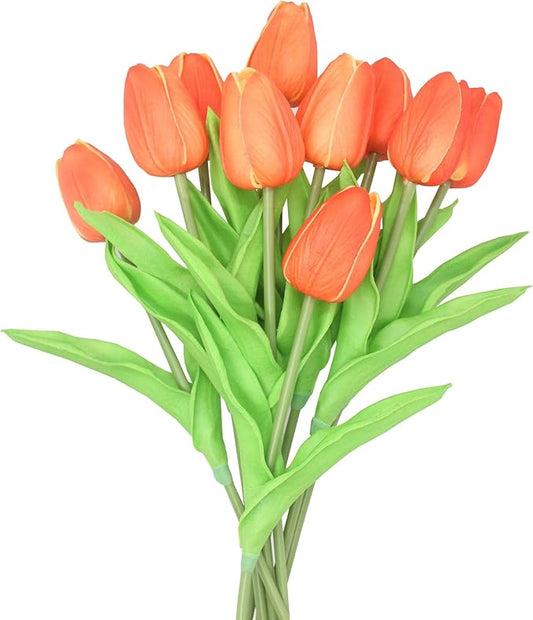 Artificial Flowers 10 Heads Mini Real Touch Artificial Tulip for Home Wedding Party Centerpiece Decoration (Gradient Orange)