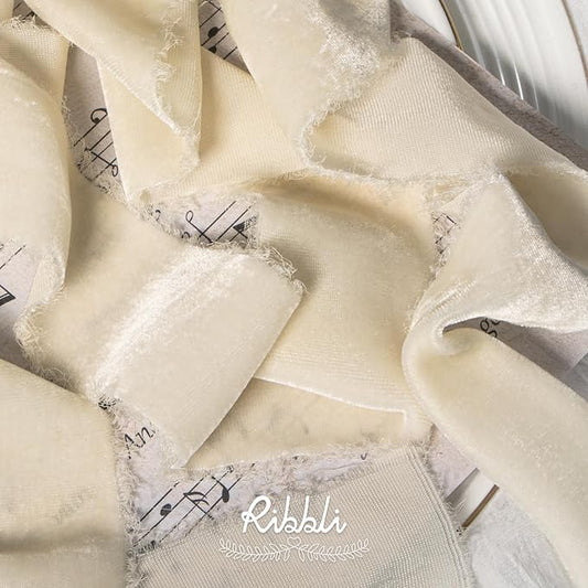 Ribbli Ivory Velvet Ribbon 1.5 Inch Handmade Frayed Vintage Christmas Ribbon for Gift Wrapping Christmas Tree Ornament Wreath Craft Home Decor -3 Yards