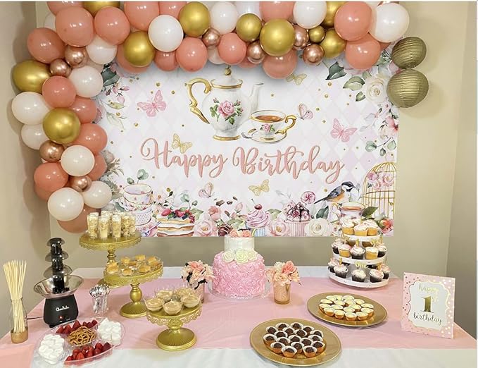 Mocsicka Tea Party Happy Birthday Backdrop Floral Princess Tea Birthday Party Decorations Kids Wonderland Let's Partea Dessert Caketable Banner Photo Booth (8x6ft)