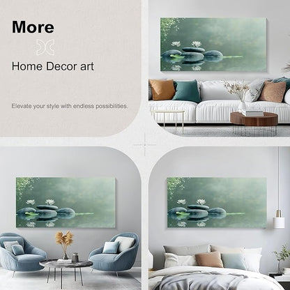 Iallbin Zen Stone Wall Art & Zen Wall Decor, Tranquil misty pond two white lotus flowers -for Yoga Meditation Room, Spa & Bathroom, Green Serenity Art Deco Style, Ready to Hang, 58x29 Inches