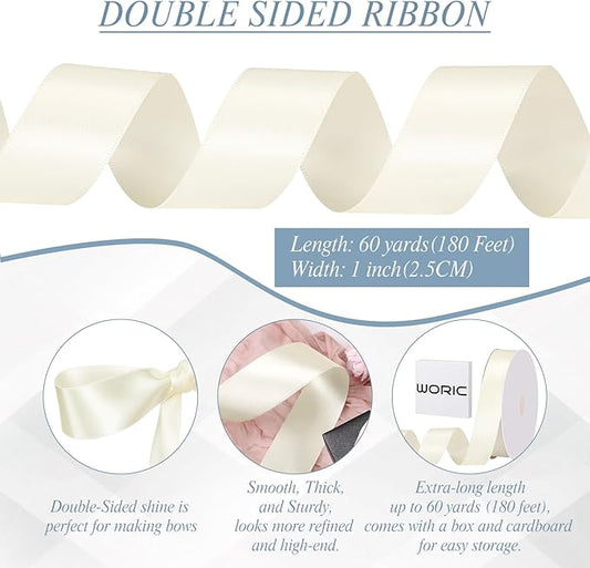 Double Faced Ivory Satin Ribbon 1 inch 60 Yards Cream Ribbon for Crafts Hair Bows Gift Wrapping Wedding Invitation Decorations