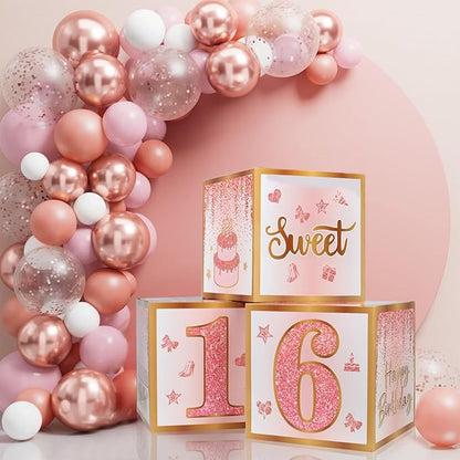 Sweet 16 Party Decorations,16th Birthday Boxes Decor for Girls Women Sweet Sixteen Happy Birthday Banner Kits Pink Rose Gold Foil Balloons Party Supplies Rose Gold Tassel Curtain
