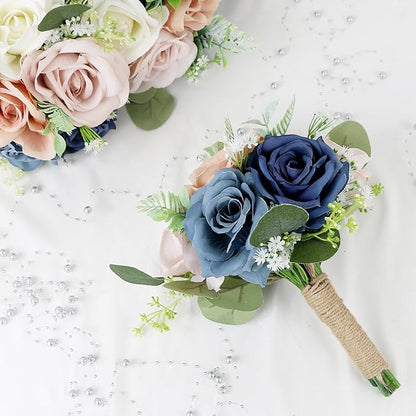Set of 4 Bridesmaid Bouquets for Wedding - 7 Inch Artificial Flowers Bouquets for Ceremony Anniversary Centerpieces Decorations - Navy & Dusty