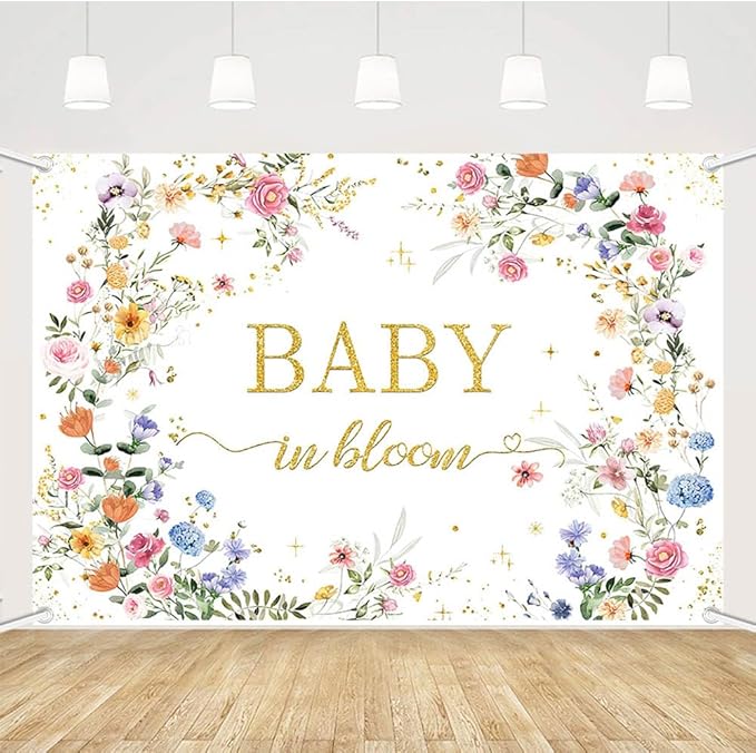 MEHOFOND 7x5ft Wildflower Baby in Bloom Baby Shower Backdrop Decorations, Wildflower Baby Shower Background, Spring Floral Banner Gold Glitter Photography Background Photo Props