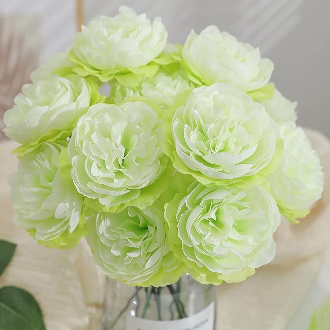 12 PCS Artificial Silk Green Peony Flowers with Stems - 8 Inch Fake Peony Bouquet for Wedding, Home Decor, Office Table, Festival Gifts