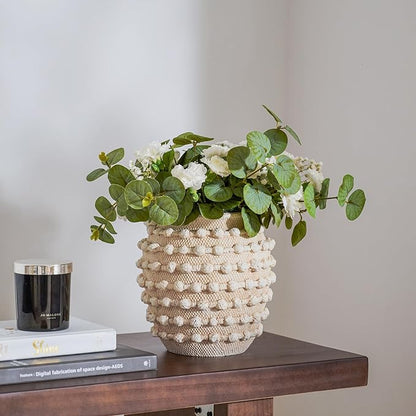 DN DECONATION Beige Rustic Farmhouse Vase, 8.2 Inch Textured Boho Vase for Home Decor, Cement Decorative Flower Vases with Rope Knots for Living Room, Table Centerpiece, Shelf, Mantel Decoration