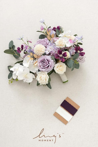 Ling's moment Purple Bridal Bouquet, 15 Inch Lilac Wedding Bouquets for Bride, Silk Free Form Bridal Bouquets for Wedding, Ceremony, Anniversary, etc.