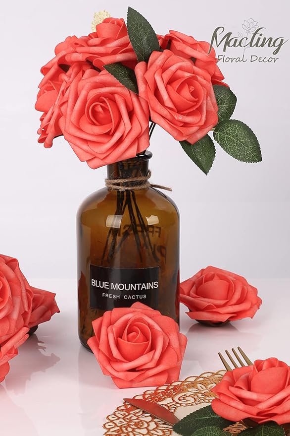 MACTING 30PCS Artificial Rose Flowers Real Touch Flowers with Stem Fake Roses for DIY Wedding Bouquet Table Centerpieces Party Holiday Baby Shower Home Spring Valentines Day Decorations,Coral Red