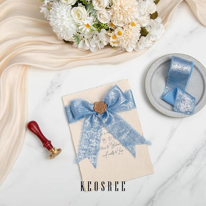 Deep Sky Blue Silk Chiffon Ribbon,Dusty Blue Frayed Shimmery Silk Ribbon for Bridal Flower Bouquet Gift Wrapping Wedding Decor Invitations Decorations 1.5" x 15 Yards (5Yards X 3 Rolls)