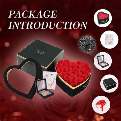 Preserved Roses Flowers for Delivery 27 Pcs, Forever Flores in Heart Box with Necklace, Eternal Rose Anniversary Birthday Gift for Women Wife Girlfriend, Rosas for Valentines Christmas, Red