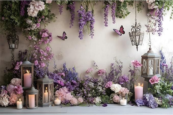 YongFoto Elegant Flower Wall Backdrop 9x6ft Floral Butterfly Candle Photography Background Baby Bridal Shower Wedding Girl Birthday Party Banner Room Decor Portrait Photoshoot Wallpaper Photo Booth