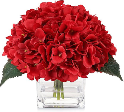 Faux Hydrangea Flowers in Vase, Silk Flowers in Vase with Fake Water for Home Decor Indoor (Red)