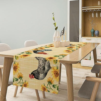 Rooster Sunflower Table Runner Vintage Farm Chicken Flower Dinner Runner for Country Farmhouse Home Kitchen Dinner Table Party Decoration 13x36in