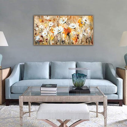 Framed Wall Art Wildflowers Canvas Wall Pictures Abstract Daisy Flowers Canvas Prints Orange Yellow Floral Landscape Painting Artwork for Living Room Bedroom Kitchen Home Office Decor 24"x 48"