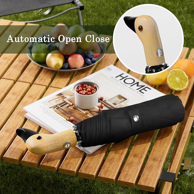 Cute Duck Umbrella Automatic - Compact Pretty Pocket Size Strong Duck Collapsible Umbrella Yellow Wooden Handle for Women