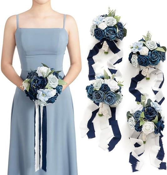 Ling's Moment Artificial Flowers Dusty Blue & Navy Blue Bridesmaid Bouquet Set of 4, Wedding Flowers Bouquets for Bridesmaids, 7 Inch Bridal Bouquets for Bridesmaids, Wedding Decor, Ceremony, etc