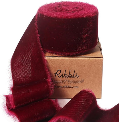 Ribbli Burgundy Velvet Ribbon 1.5 Inch Handmade Frayed Vintage Christmas Ribbon for Gift Wrapping Christmas Tree Ornament Wreath Craft Home Decor -3 Yards